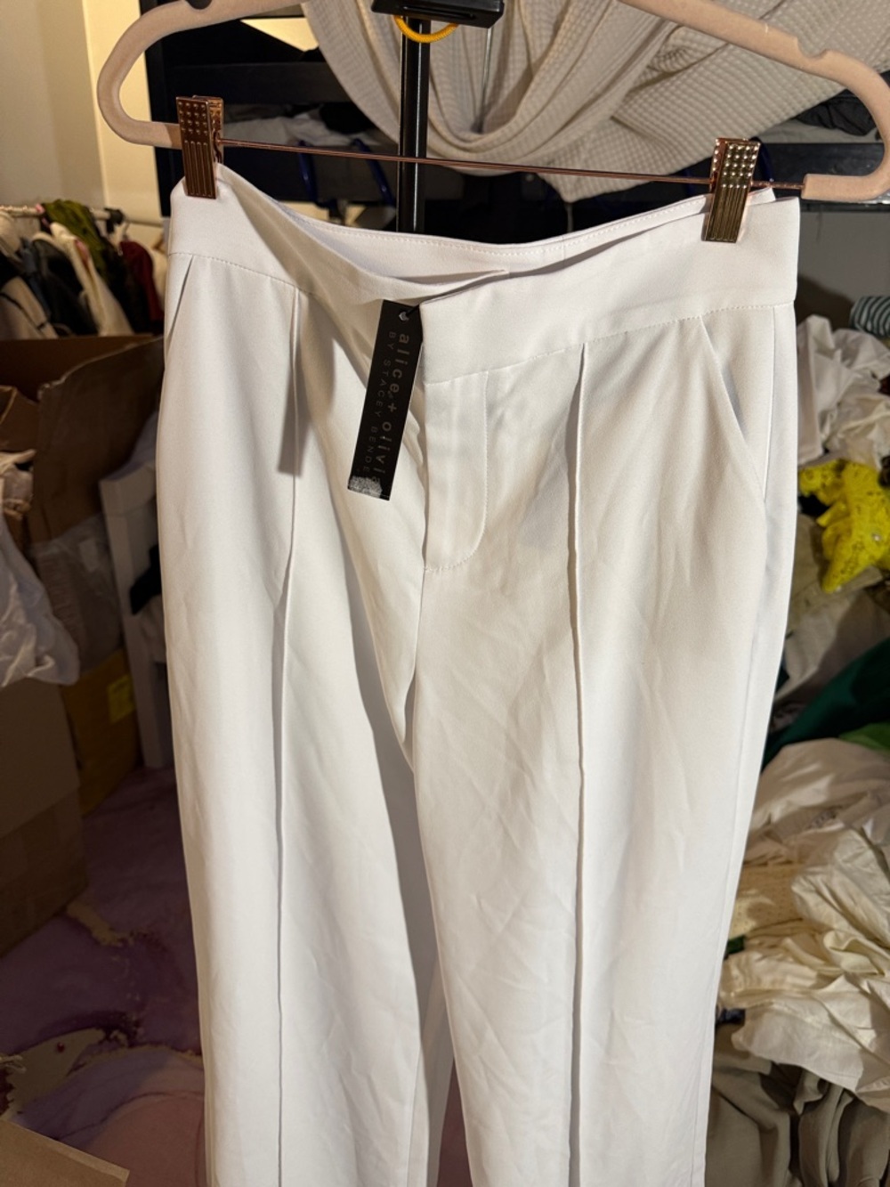 Alice + Olivia White Pleated High-Rise Tailored Trousers